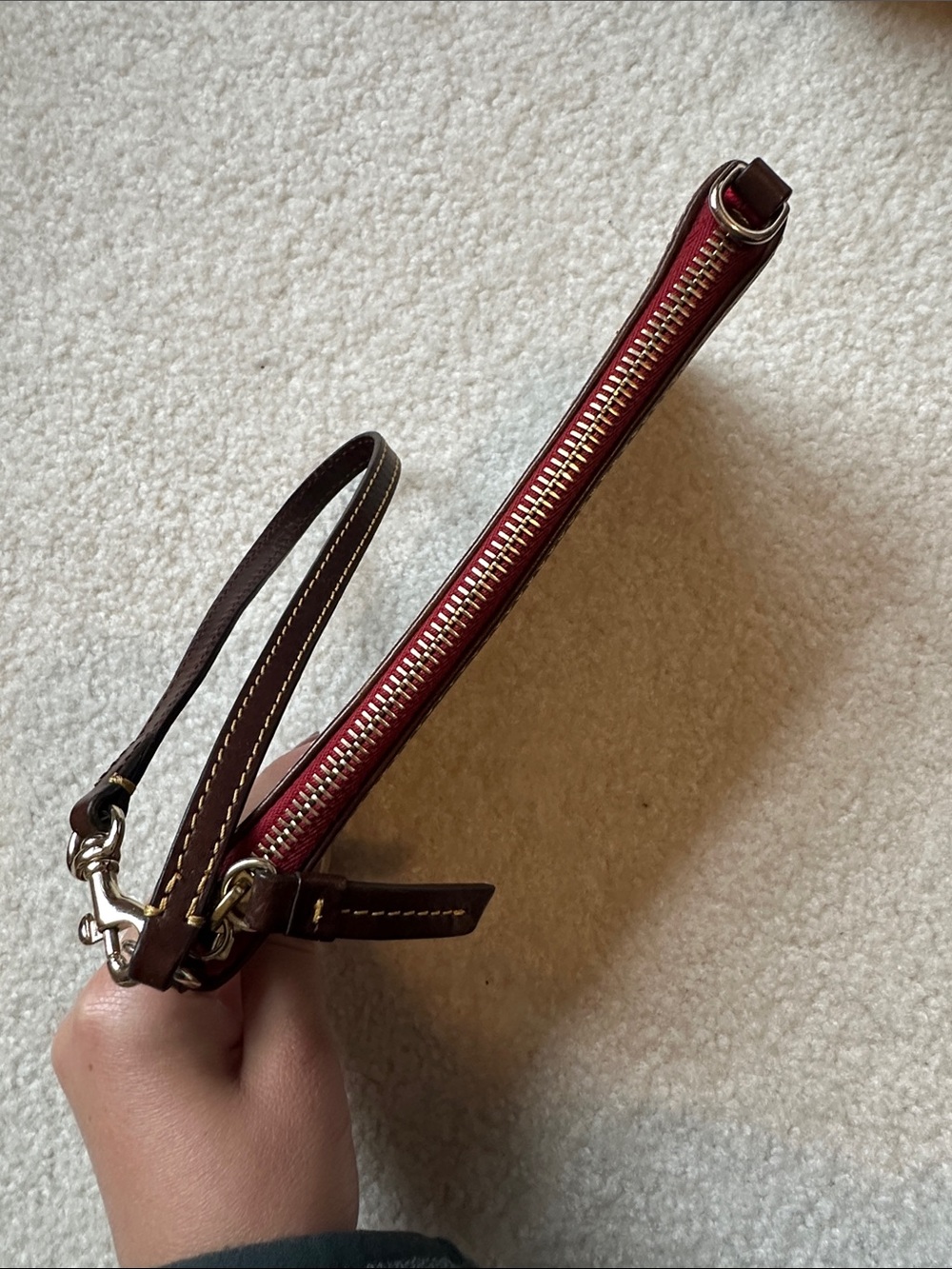Dooney & Bourke Metallic Olive Snake-Embossed Wristlet with Burgundy Trim - Picture 4 of 7
